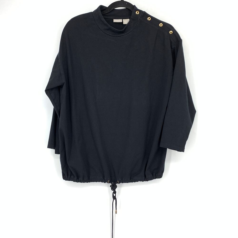 Chicos Zenergy Pullover Top Womens Sz 2 US 12/14 Cinch Hem Button Shoulder Black